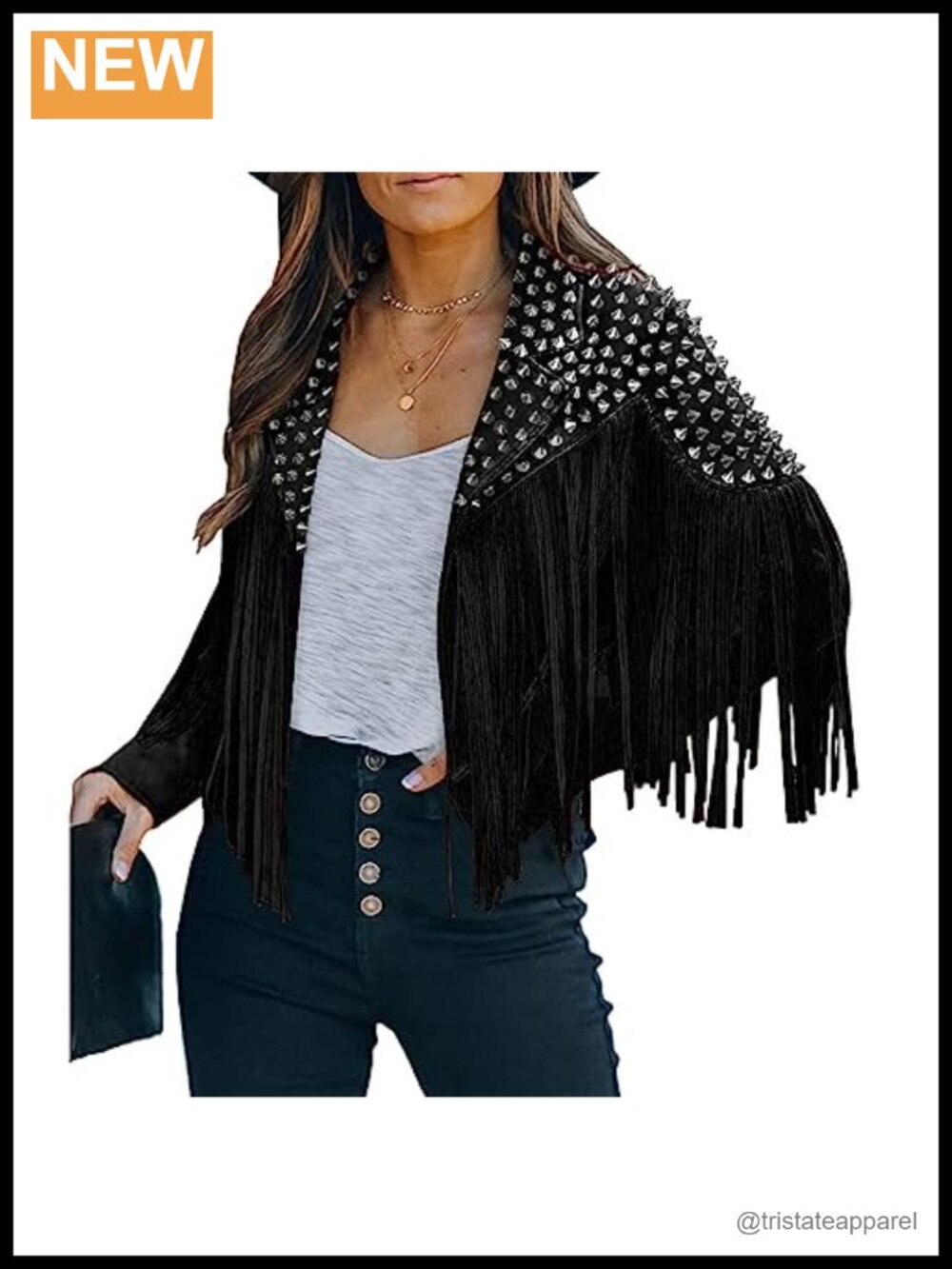 Women's Faux Leather Motorcycle Jacket with Tassels, Fringe Details